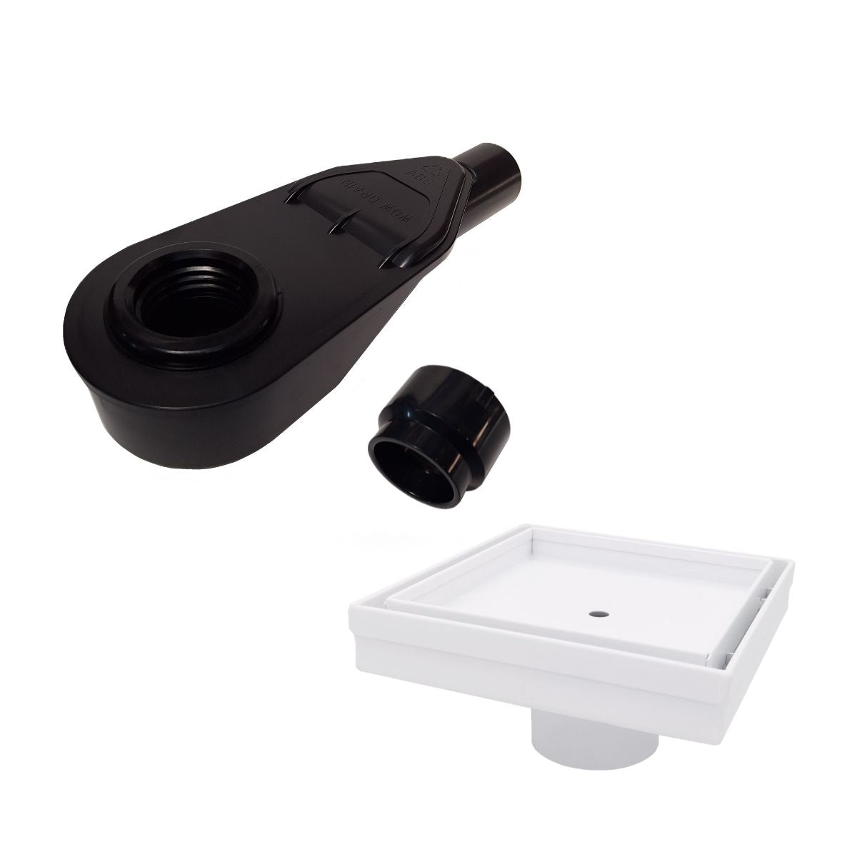 SereneDrains ABS Horizontal Side Discharge Outlet with Tile In Square Shower Drain Low Profile Assembly Reducer PVC Base Pipe Fitting P Trap
