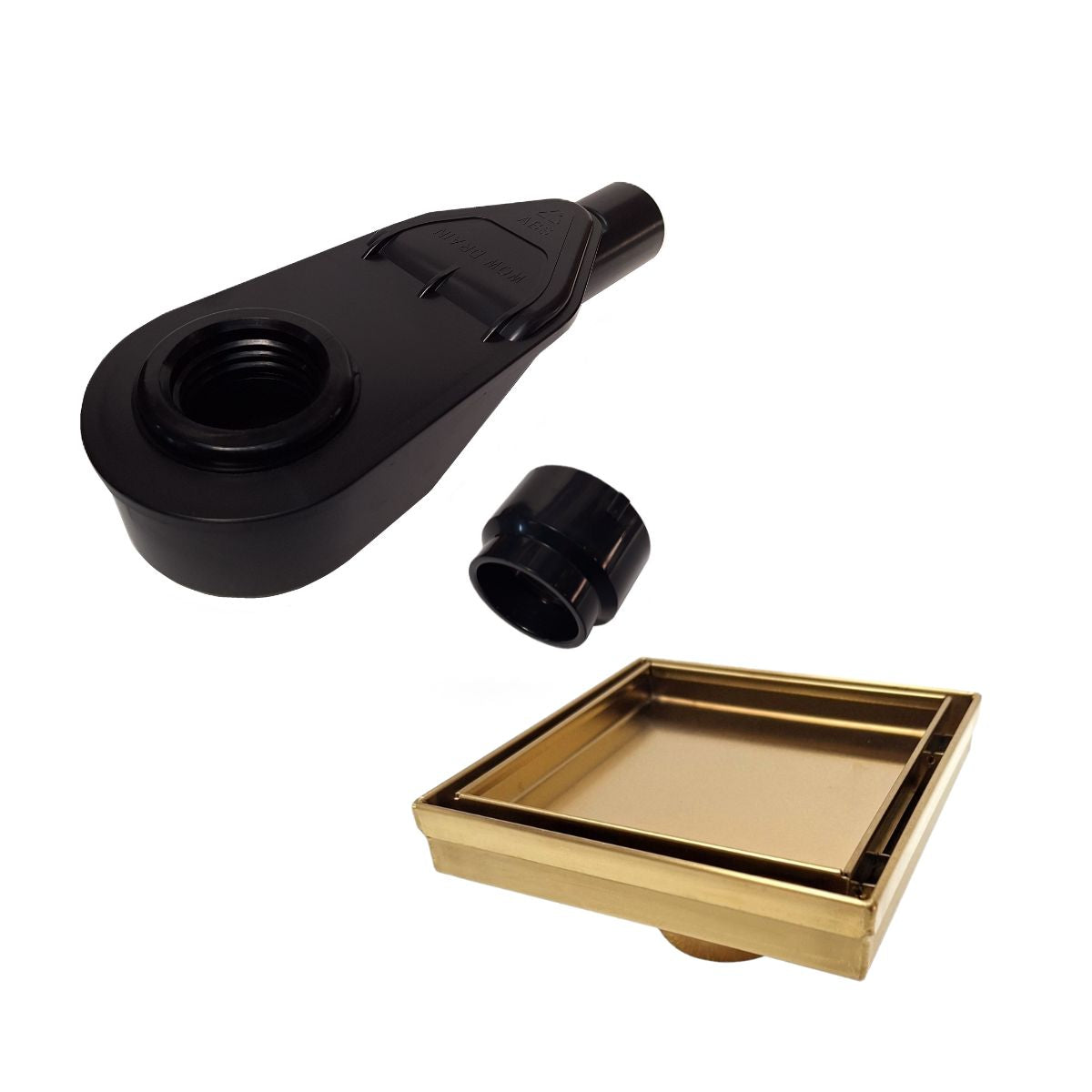 SereneDrains ABS Horizontal Side Discharge Outlet with Tile In Square Shower Drain Low Profile Assembly Reducer PVC Base Pipe Fitting P Trap