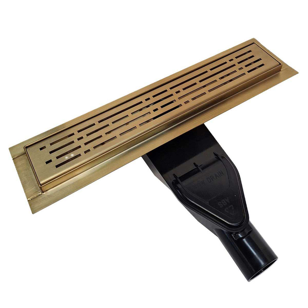 SereneDrains broken Lane Linear shower drain with ABS Discharge drain in Matte Gold Finish