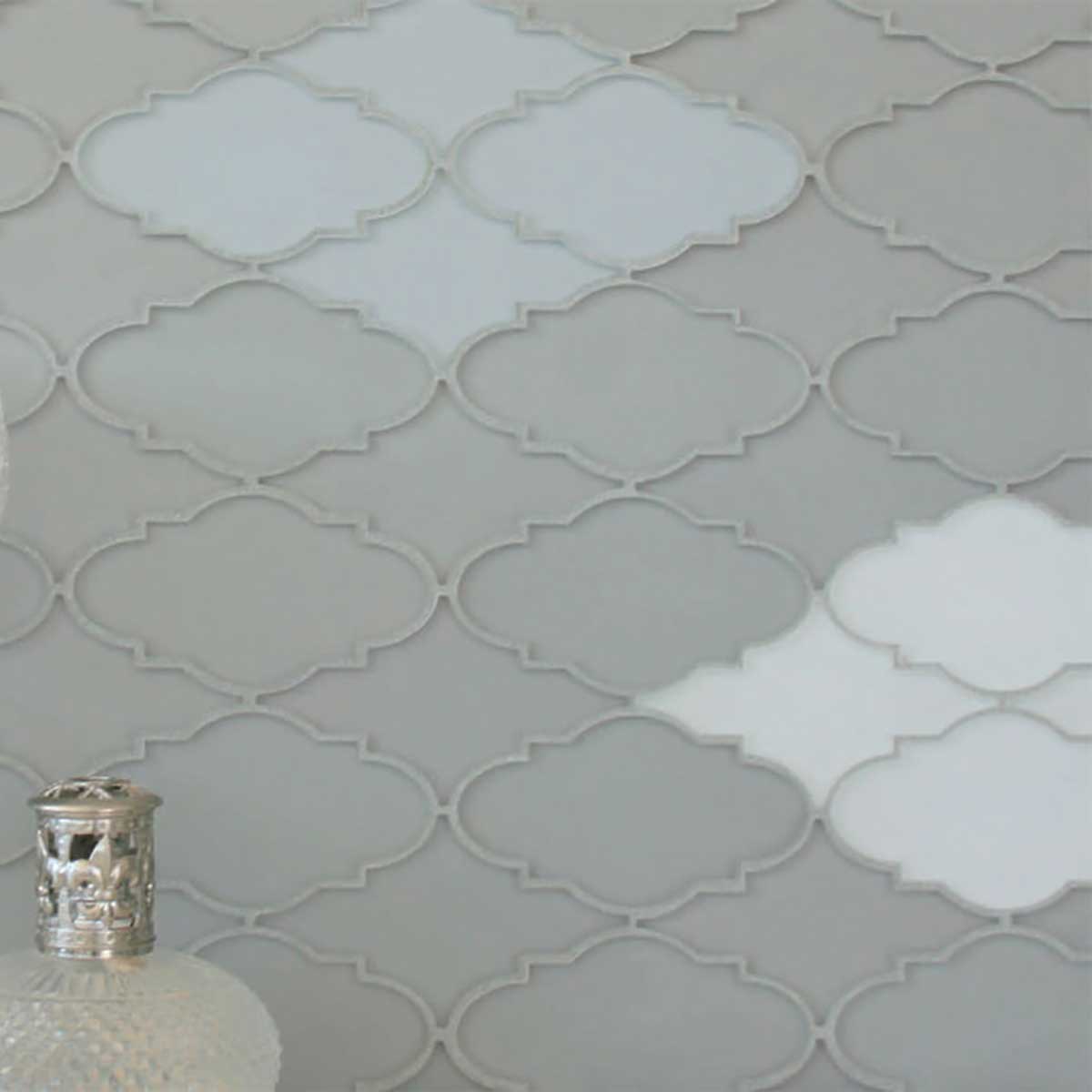 Geometric trellis glass mosaic tile in warm Doe Skin finish
