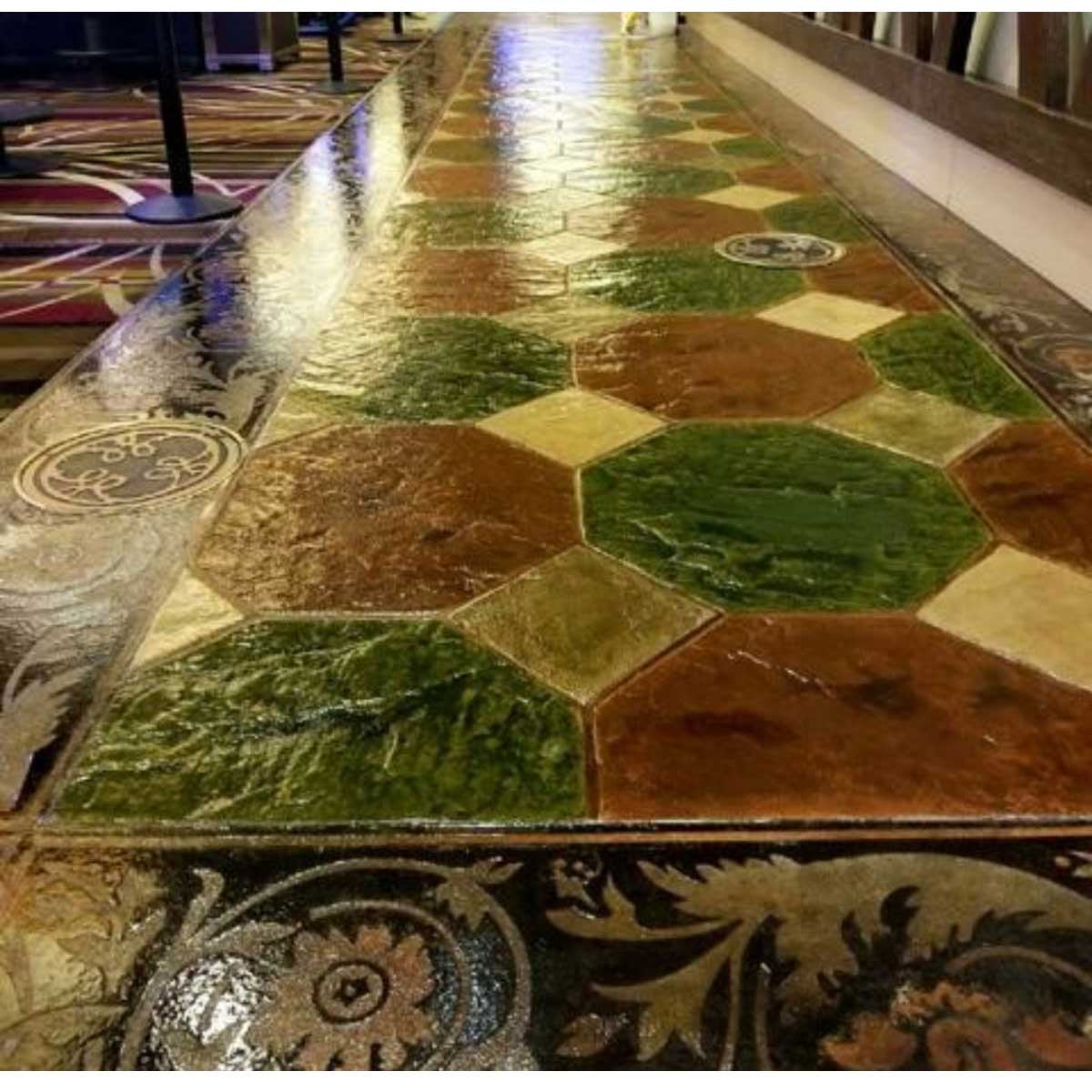 Smiths Paint Concrete Color Stains with hexagonal tile pattern in various colors