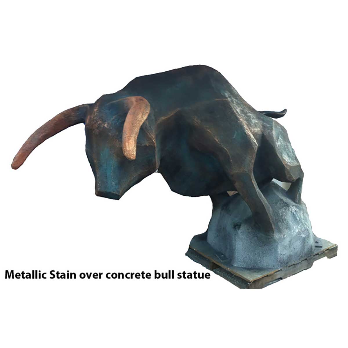 Concrete bull statue with metallic stain on a white background
