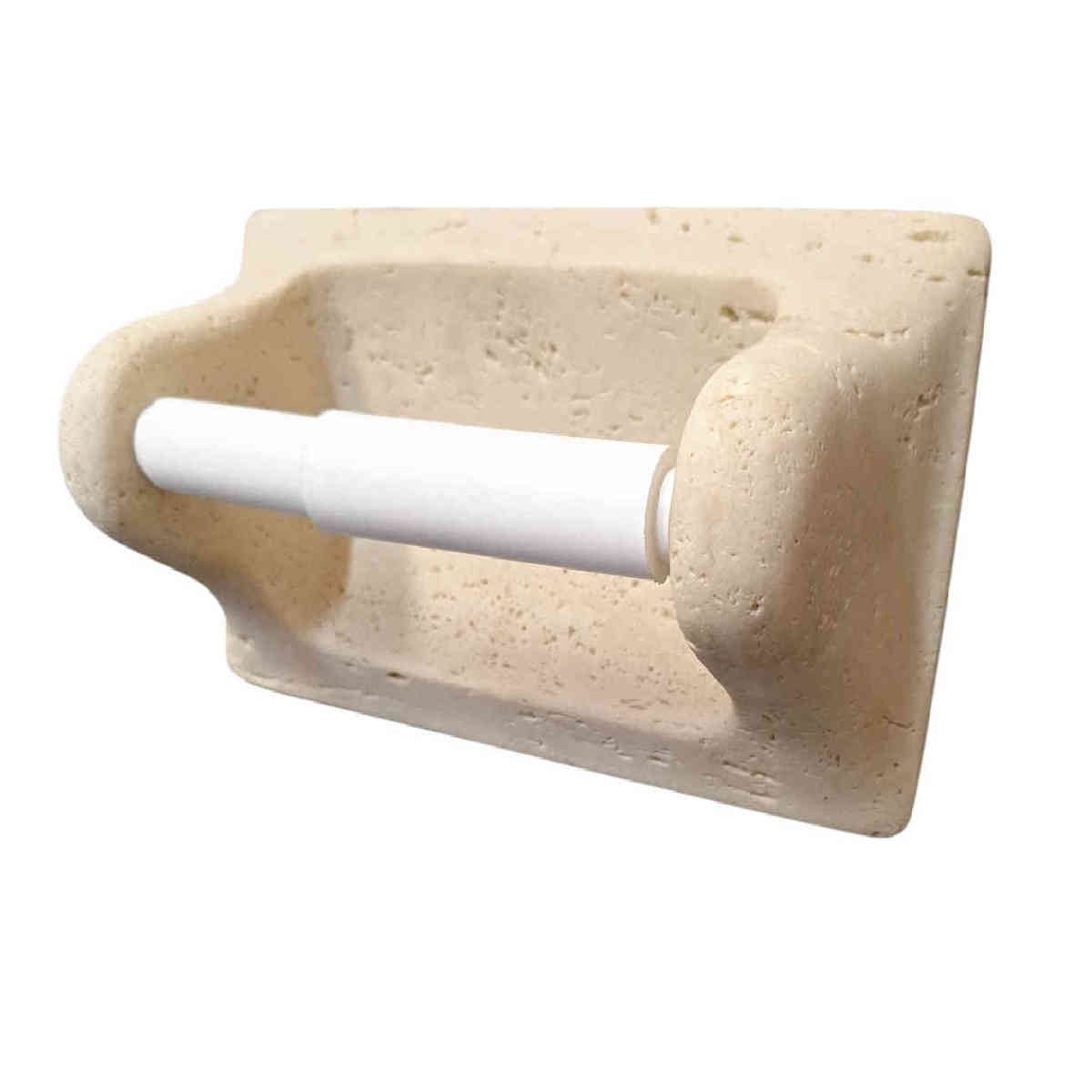 Ivory cast stone toilet paper holder installed over ceramic tile