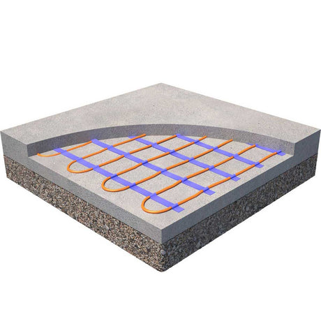 Diagram of a floor heating system with orange pipes and purple insulation on a white background