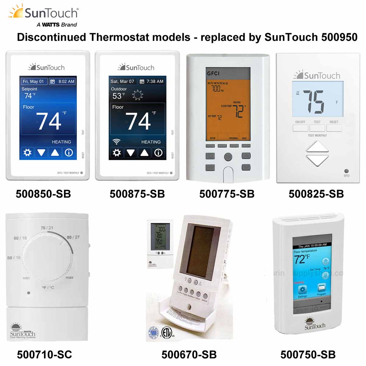 SunTouch thermostat models with digital displays and text indicating discontinuation.