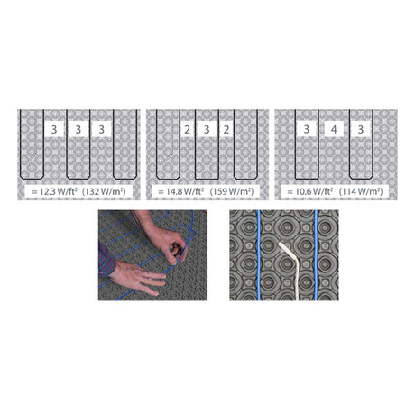 Measurement chart for carpet tiles with labeled areas and power densities.