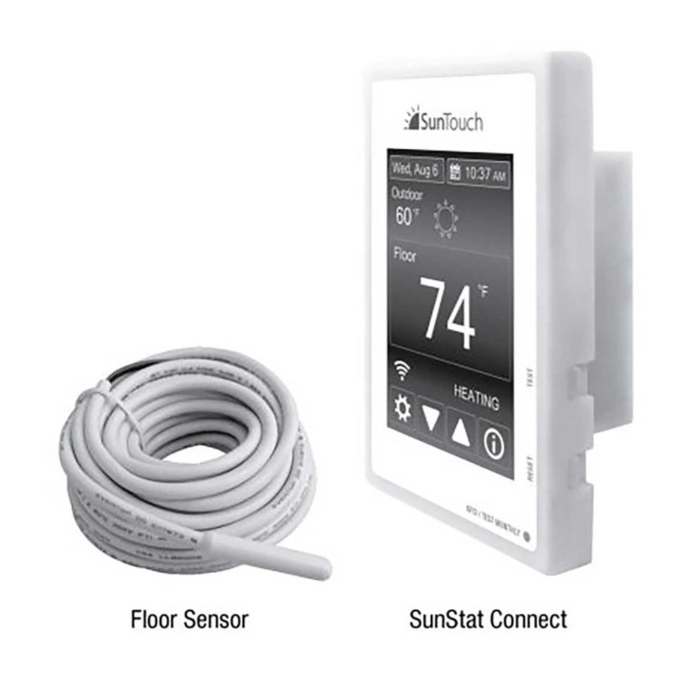SunTouch SunStat Connect thermostat with floor sensor cable on a white background