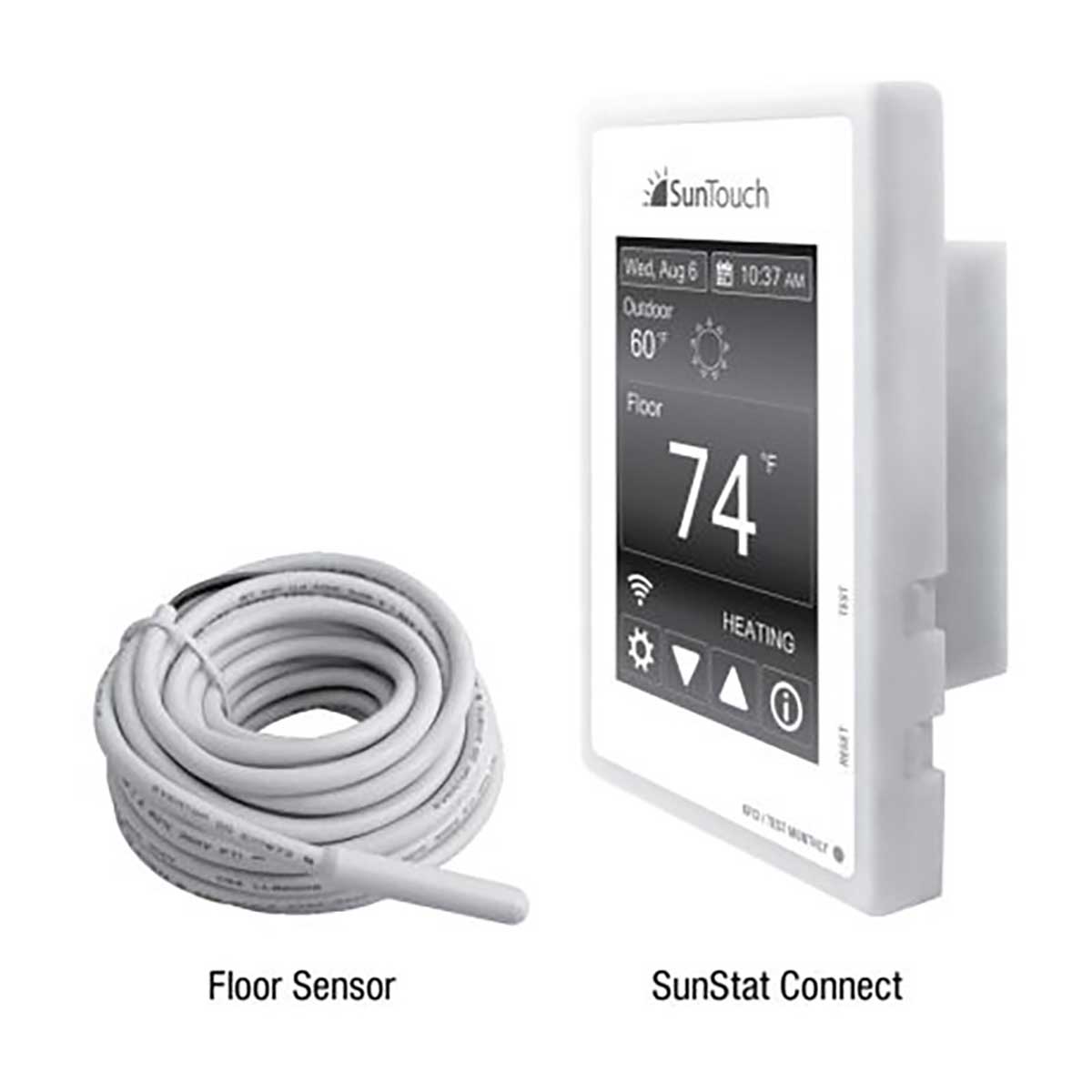 SunTouch SunStat Connect thermostat with floor sensor cable on a white background