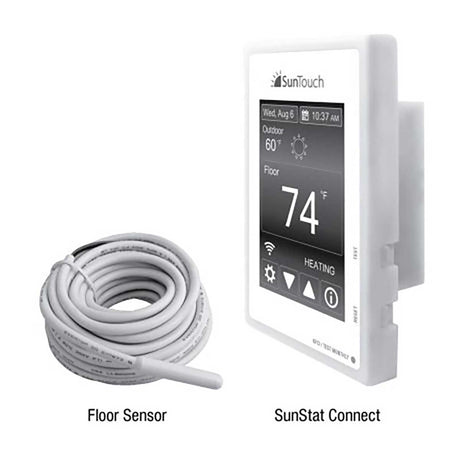 SunTouch SunStat Connect thermostat with floor sensor cable on a white background