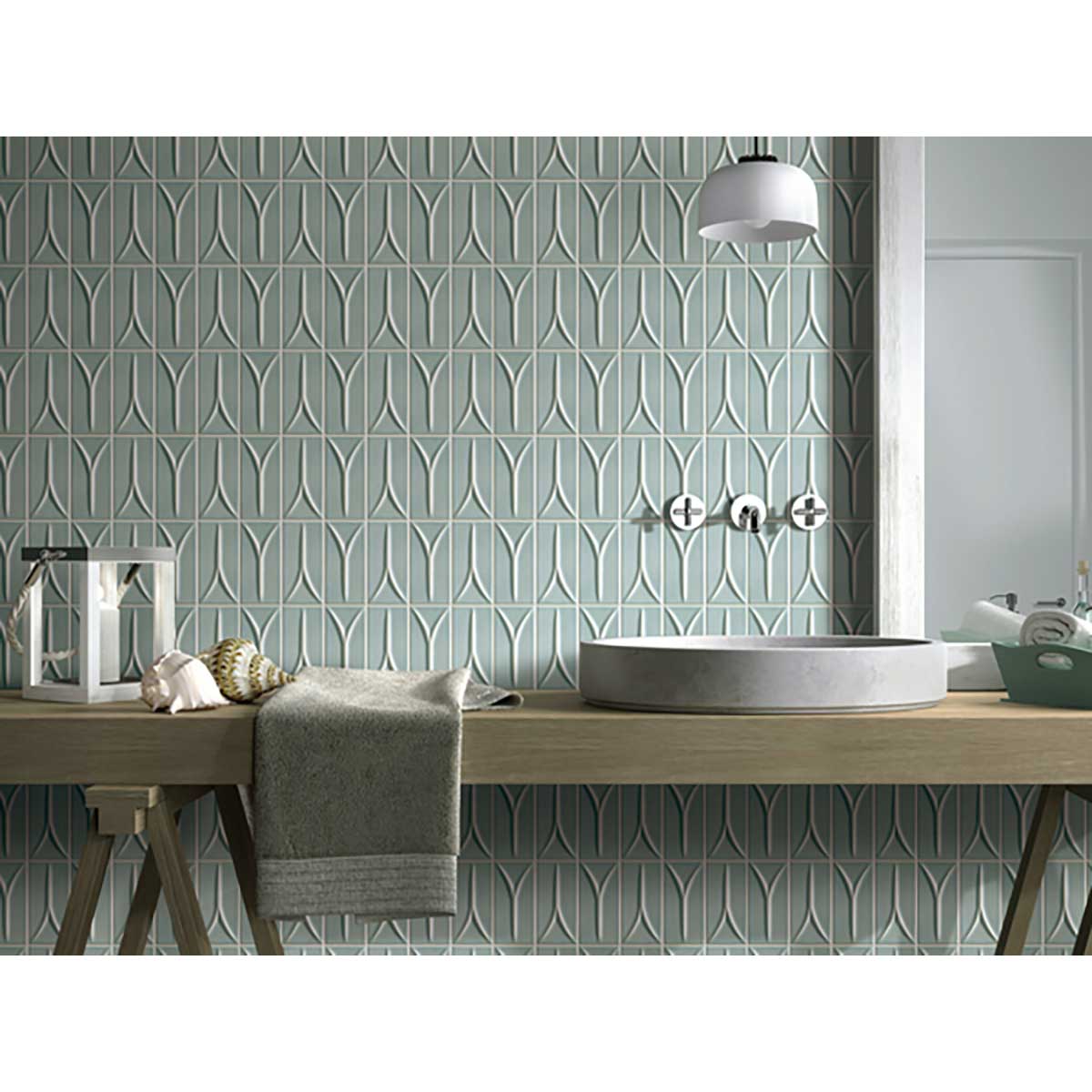 Bathroom with a sink and decorative tiles on the wall Takao Blue Beech 3x6 3D Matte Porcelain Wall Tile