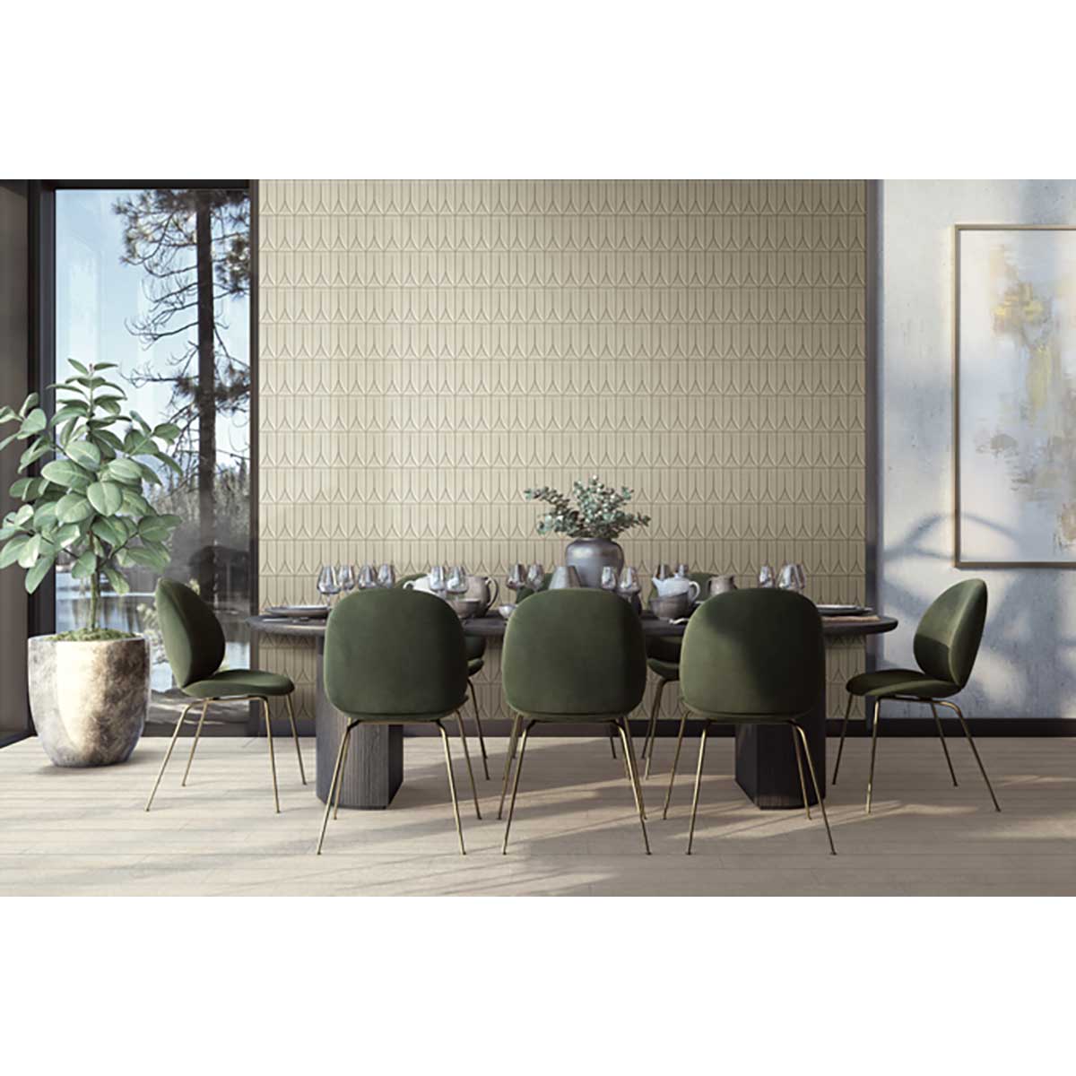 Modern dining room with green chairs, long table and Tile cover with Takao Cottonwood 3x6 3D Matte
