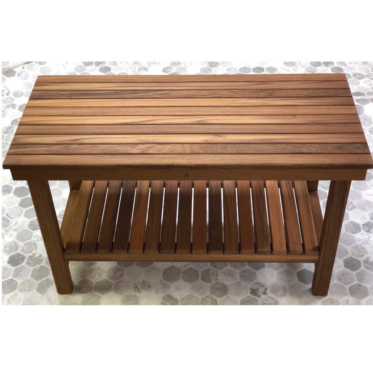 Premium teak bathroom bench in luxury spa
