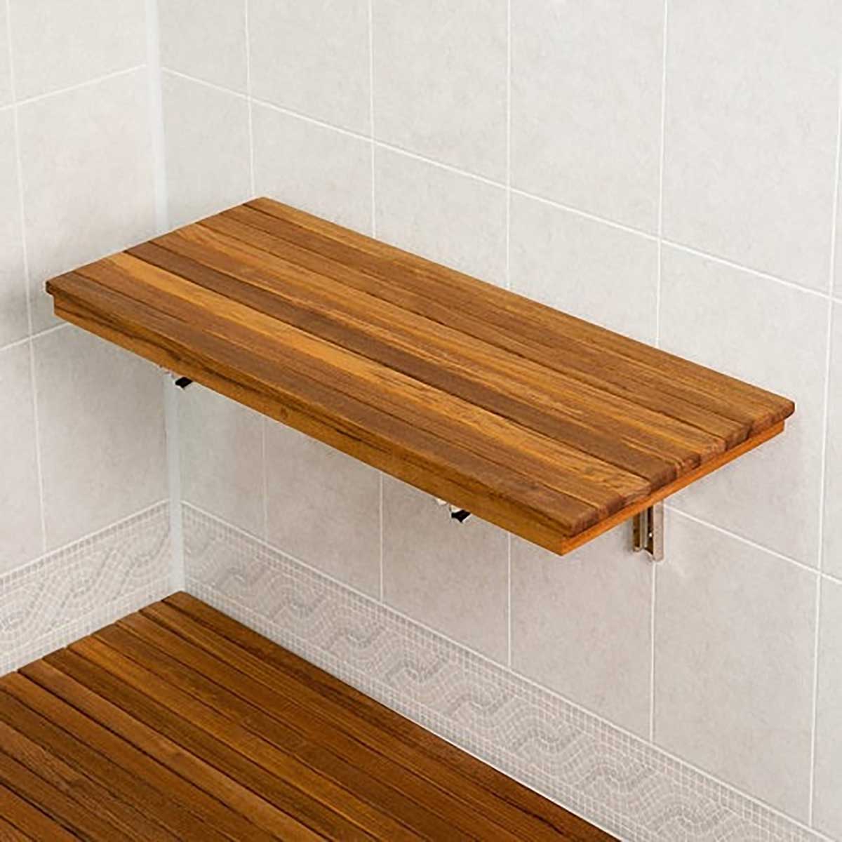 Folding teak shower bench handcrafted in USA