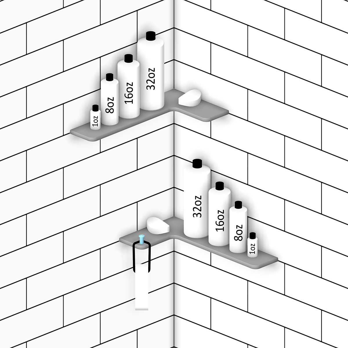 TileWare Boundless Shelving Solutions L Shape Shelf with bottles of different sizes on a tiled wall