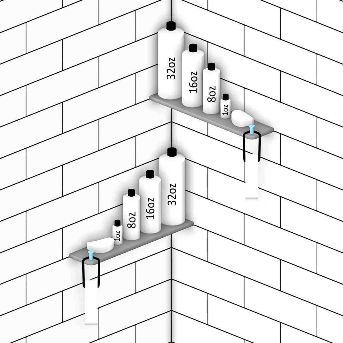 TileWare Boundless Shelving Solutions Rectangular shelf with bottles and bowls on a tiled wall