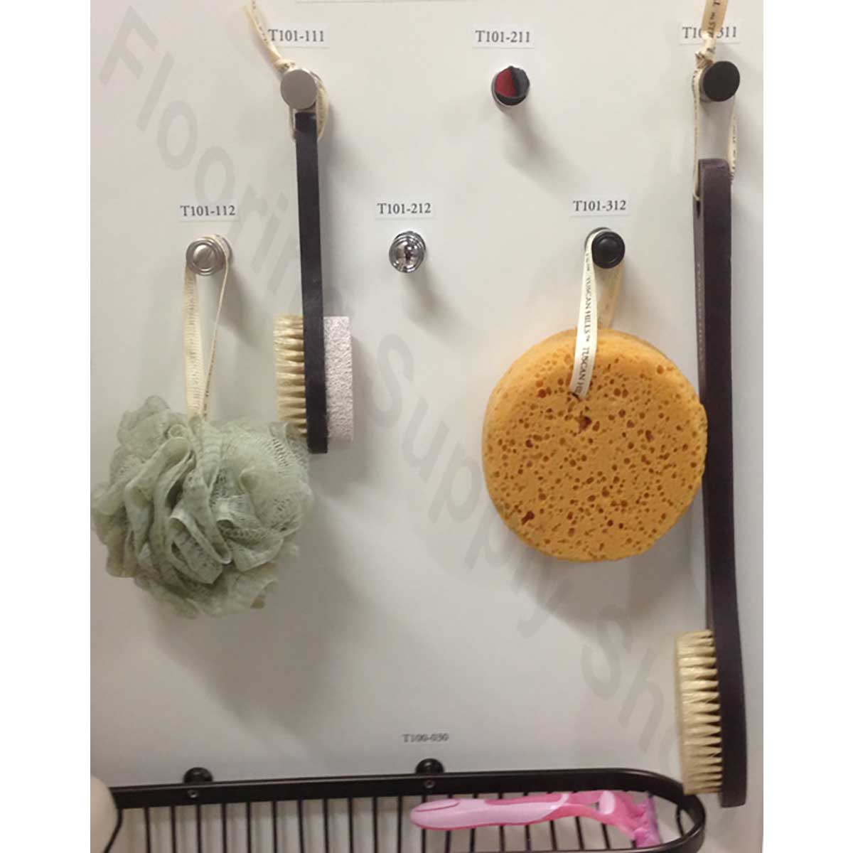 Tileware Promessa Series Hooks with various hanging items such as cleaning tools including a scrub brush, sponge, and loofah