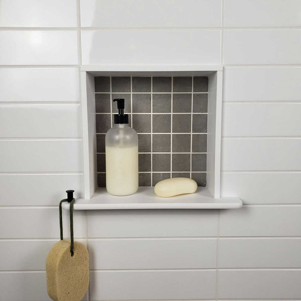 TileWare Boundless Overhang Bottom Pre-cut Niche Trim Pre-drilled with Hook Compatible with Schluter Niches
