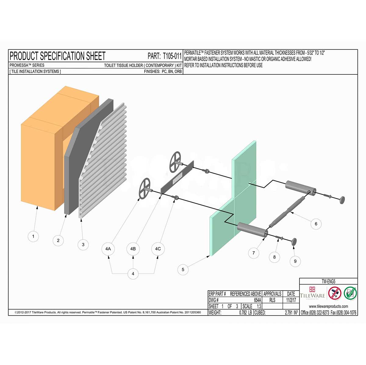Technical diagram of a toilet tissue holder installation system on a white background