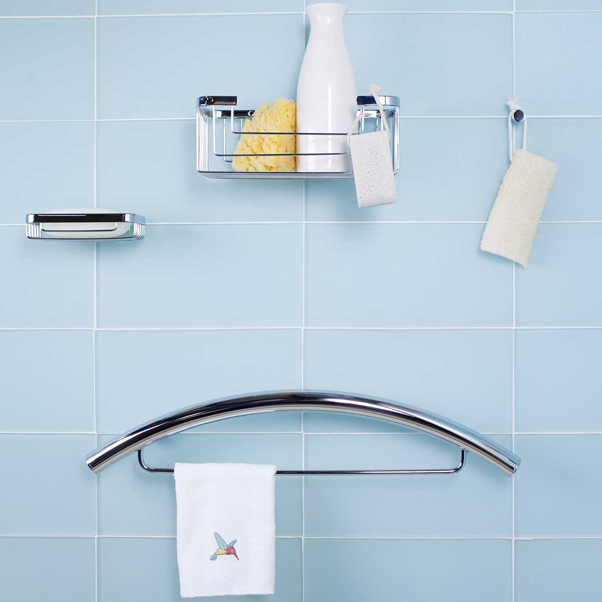 TileWare Promessa Rectangular Soap Basket with Towel bar on a blue tile wall