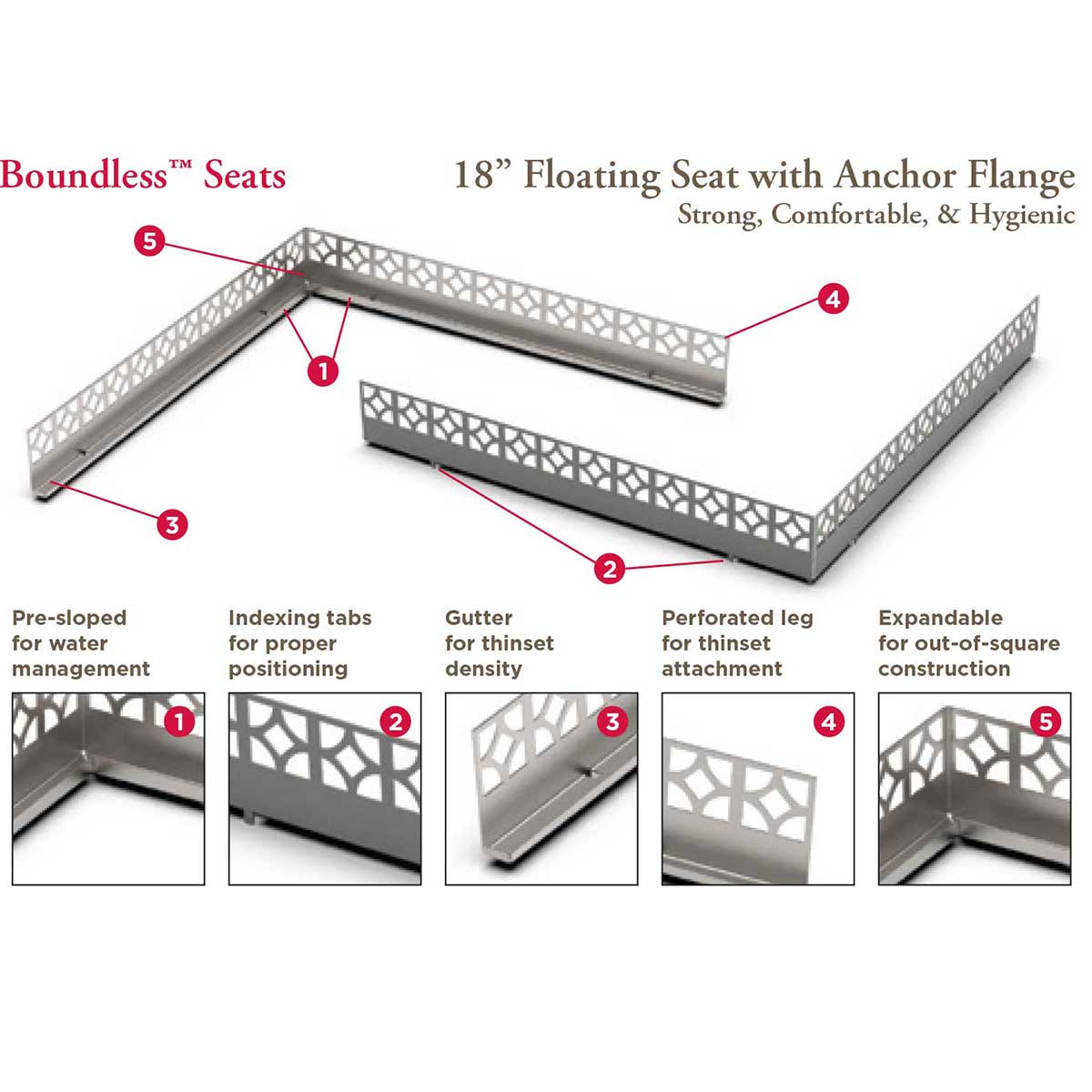 Tileware Boundless Pre-sloped Anchor Flange Floating Seat 18 inch