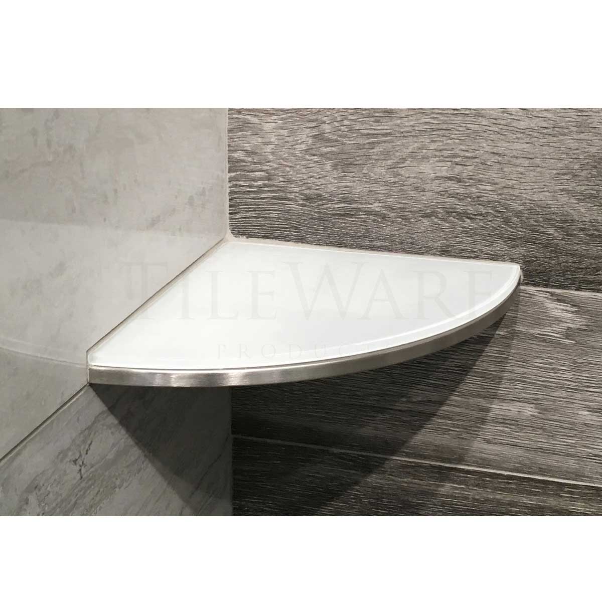 TileWare Structural Surfaces Claddy T-Shelf with white glass installed in shower