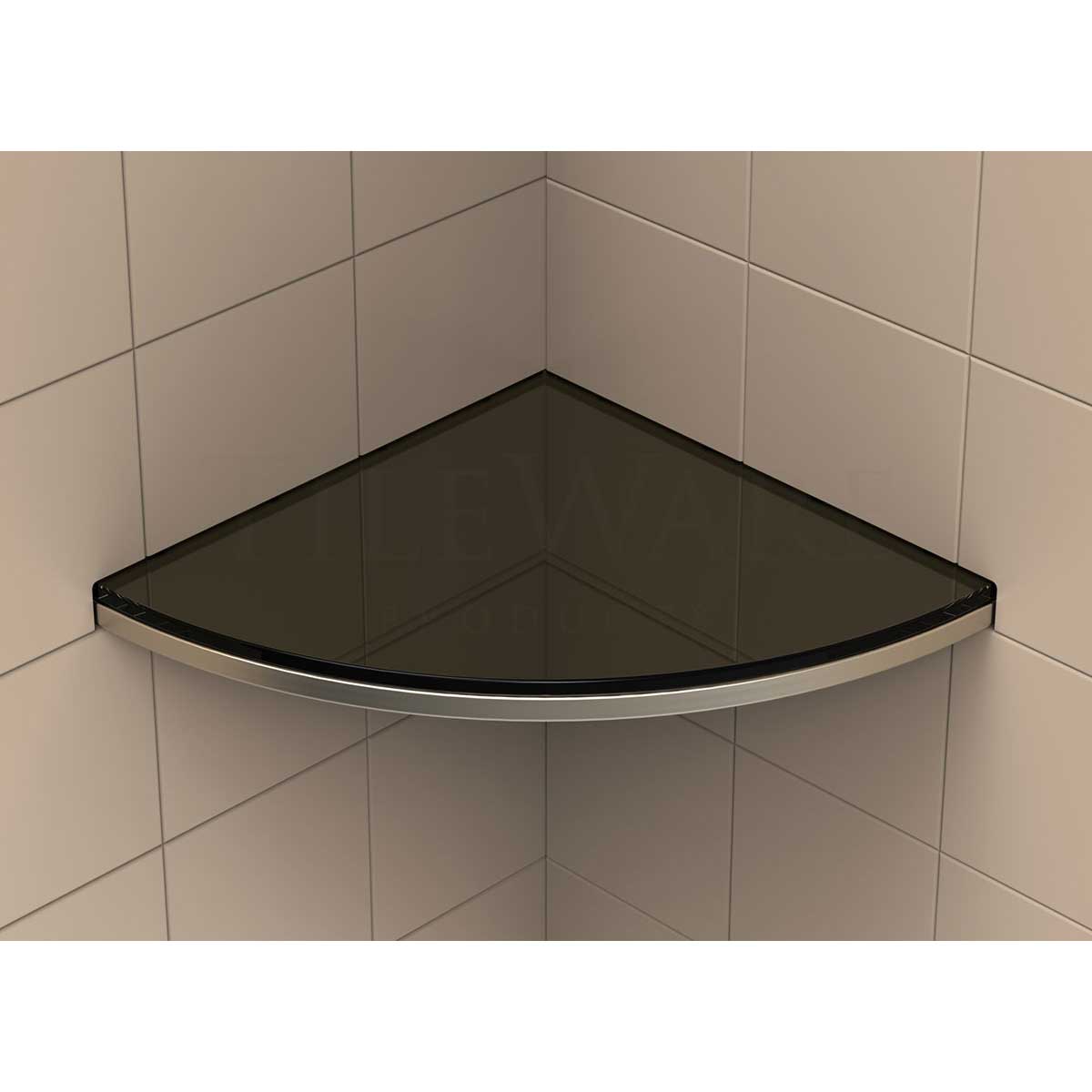 TileWare Structural Surfaces Claddy T-Shelf showing with black glass installed over wall tile