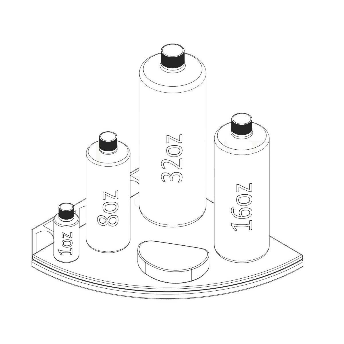 Line drawing of four cylindrical containers with different volume markings on a white background