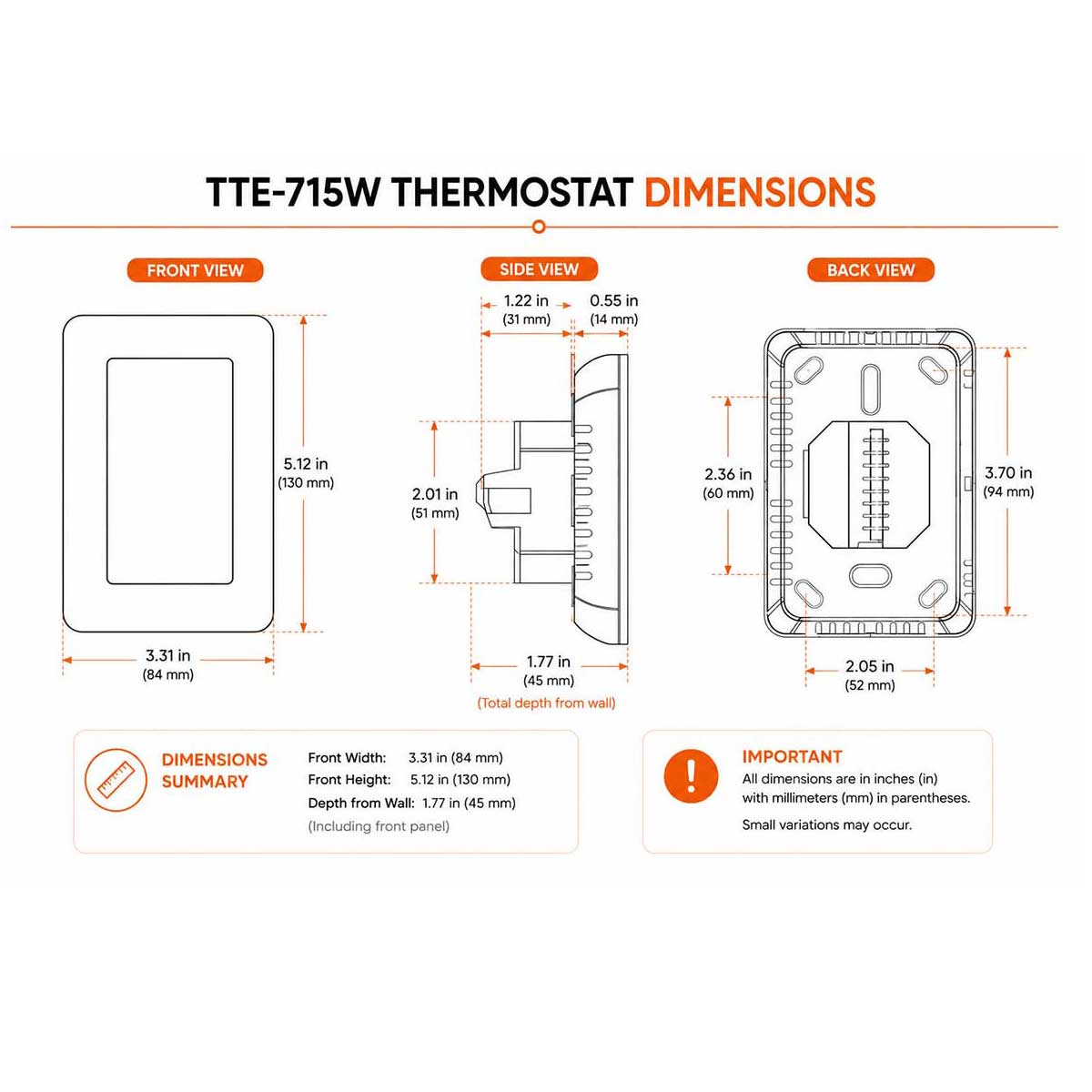 TTE-715W smart WiFi thermostat dimensions and mounting measurements