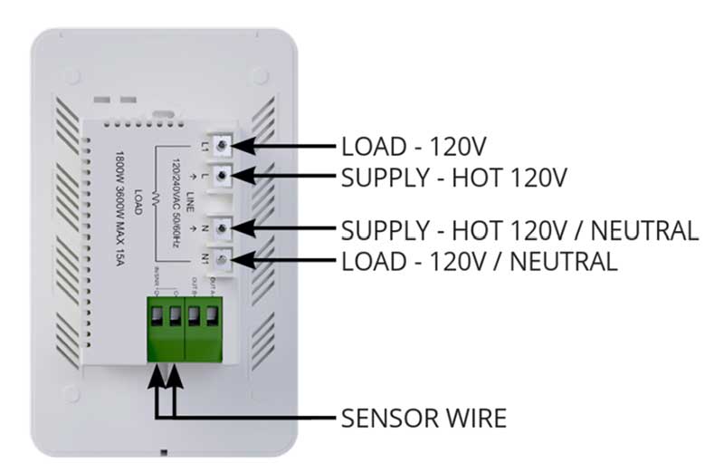 Warmup EZPT thermostat wiring connections for 120V installation