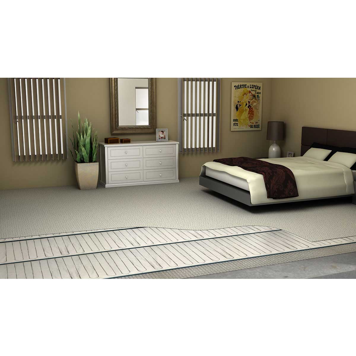 Modern bedroom with a bed, dresser, and decor items and showing Xray Warmup Foil Radiant Heating System