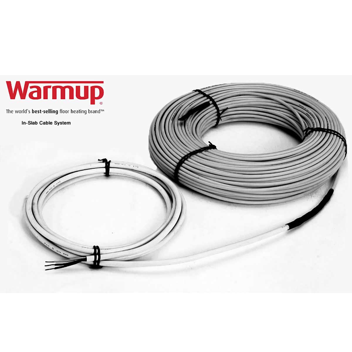 Coiled floor heating cable with 'Warmup' branding on a white background