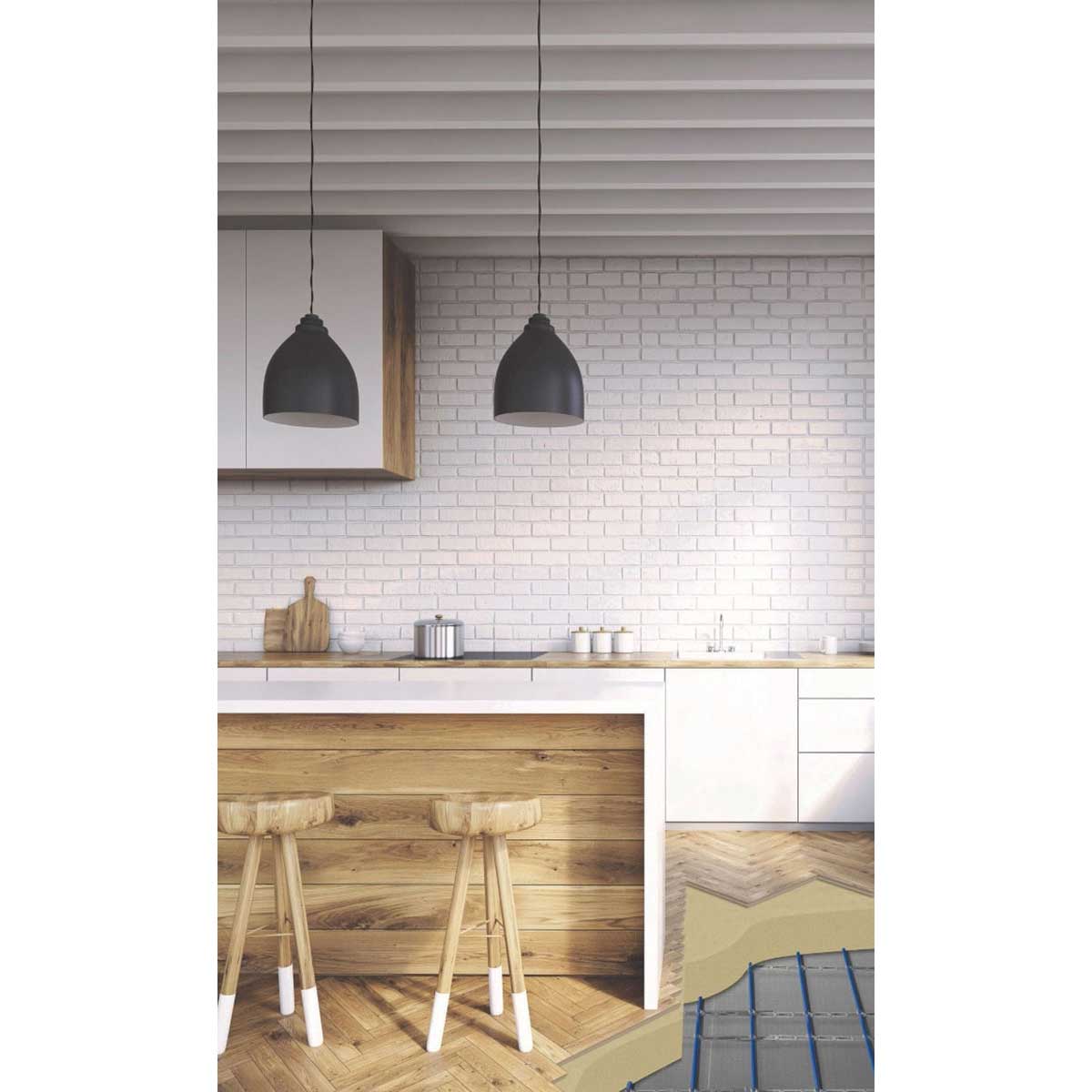 Modern kitchen with white tiled walls, wooden countertops showing Warmup In-slab Heating Cable installed