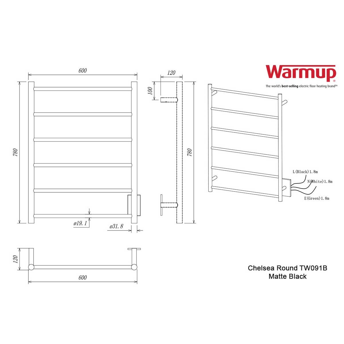 WarmUp Electric Towel Warmers - Chelsea Round Matte Black Sketch
