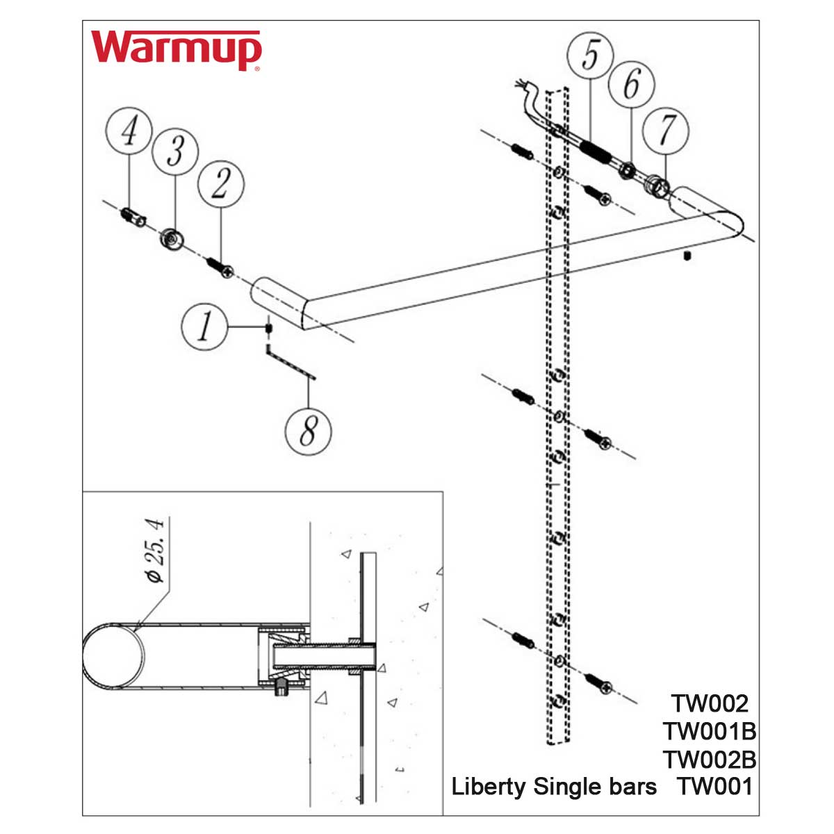 Technical diagram of Warmup Towel Bar Liberty heating system with labeled parts and branding.