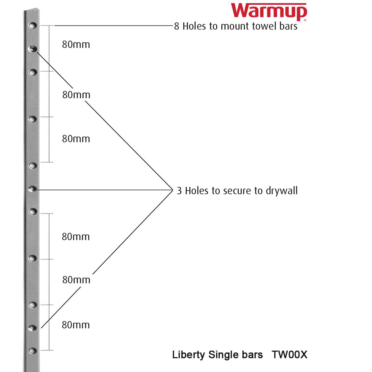 Technical diagram of Warmup Towel Bar Liberty heating system with labeled parts and branding.