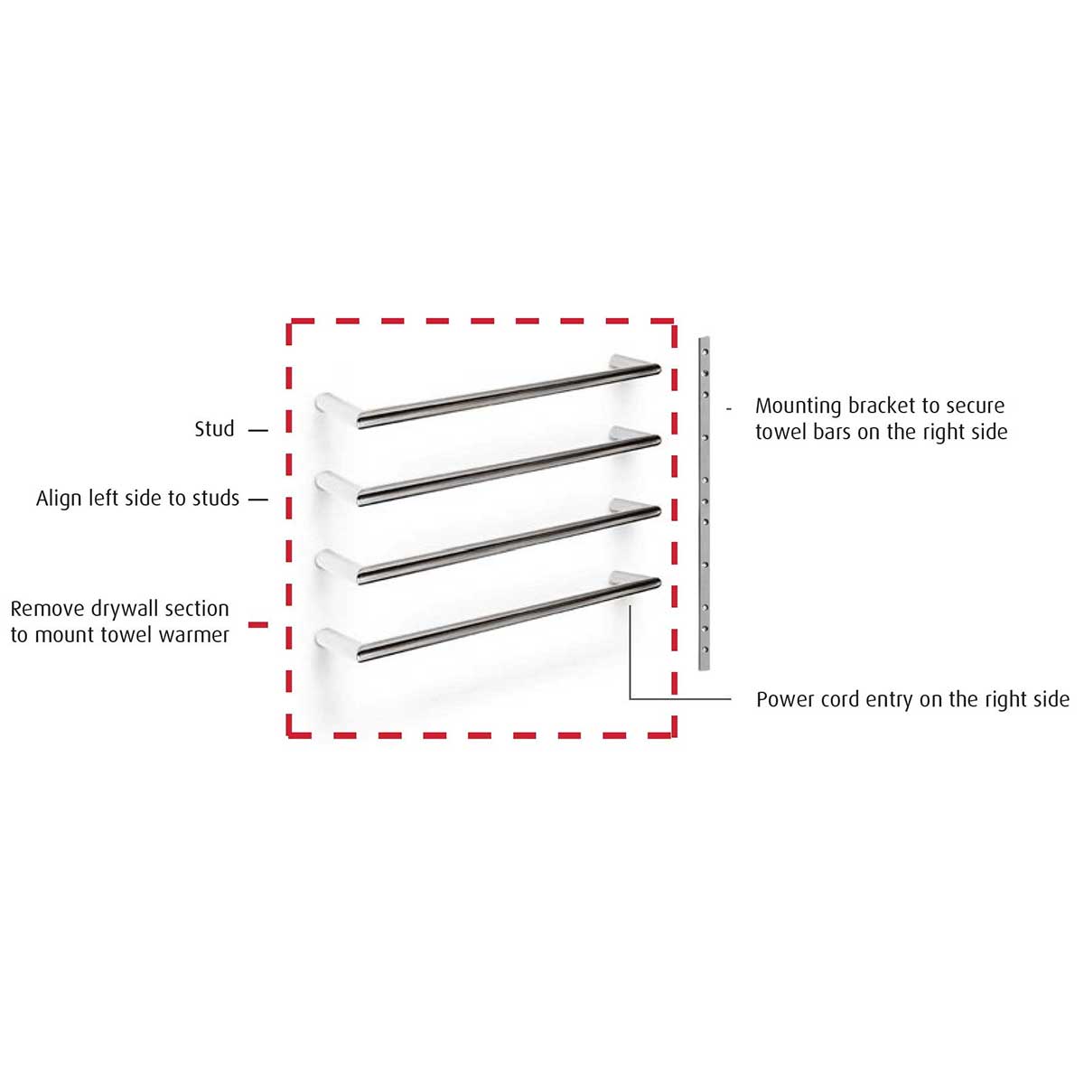 Diagram of WarmUp Electric Towel Warmers Liberty Single Bars installation with labeled parts on a white background