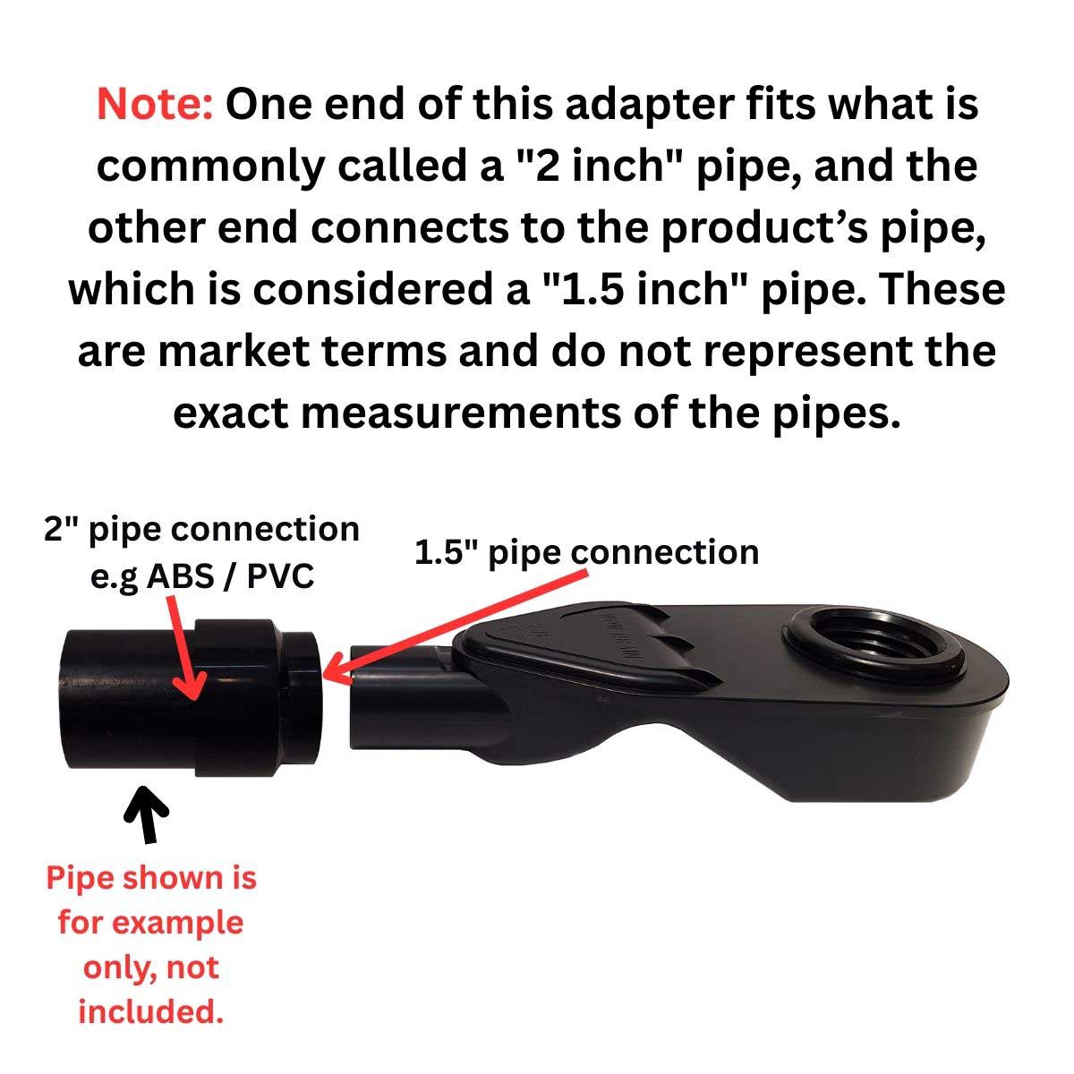 Black ABS discharge and pipe reducer with dimensions labeled on a white background