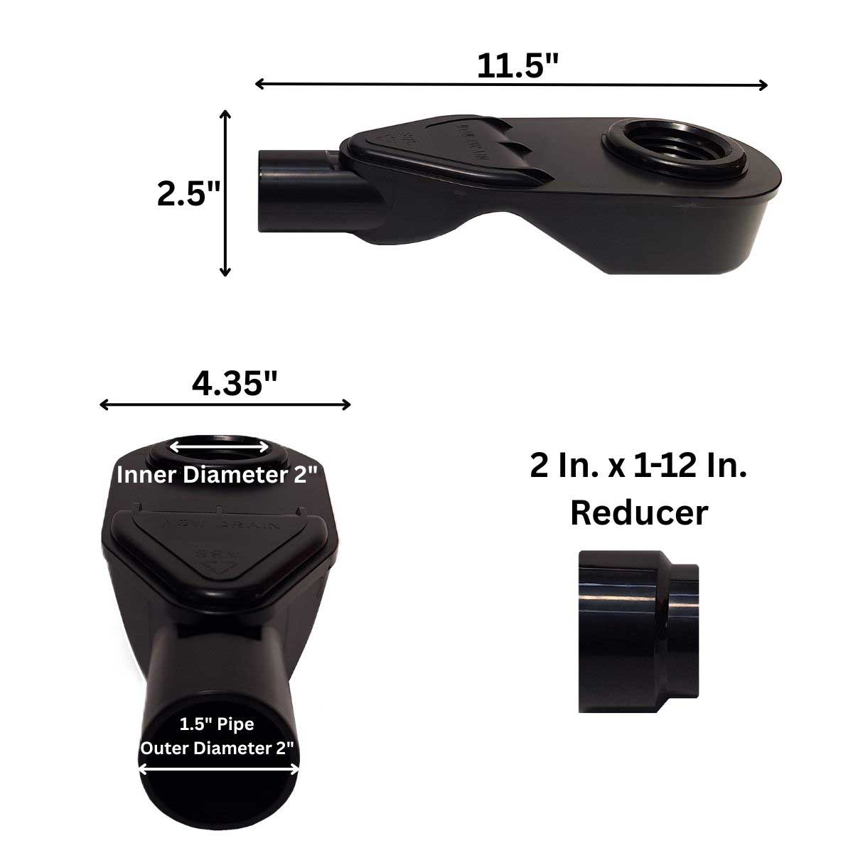 SereneDrains ABS Horizontal Side Discharge Outlet with Tile In Linear Shower Drain Low Profile Assembly Reducer PVC Base Pipe Fitting P Trap