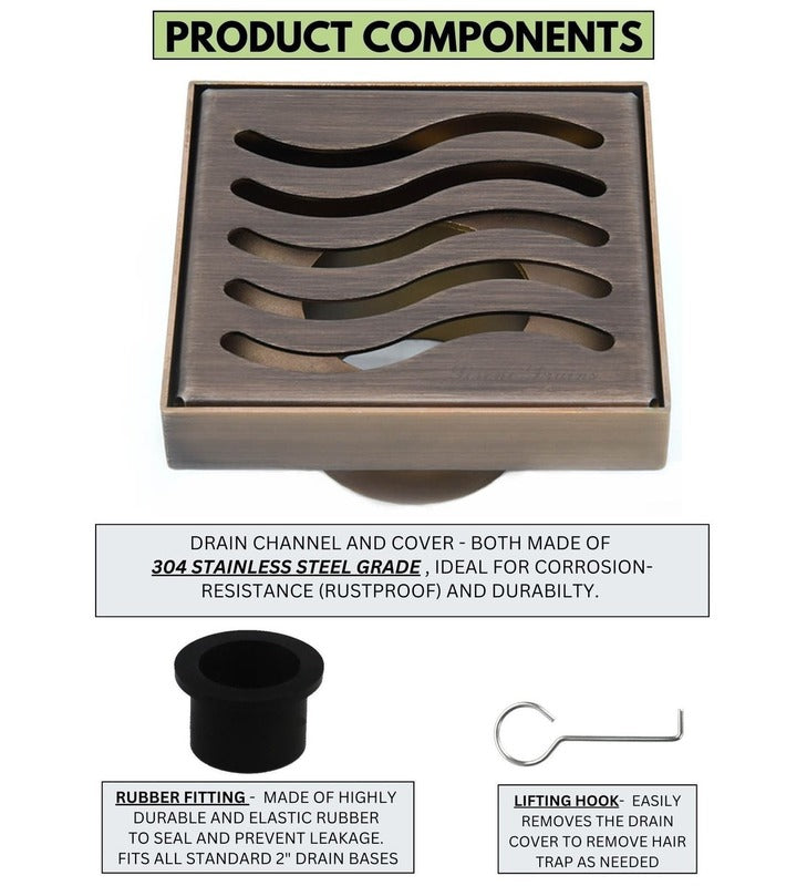 SereneDrains Square Shower Drain Ocean Wave 4 Bronze