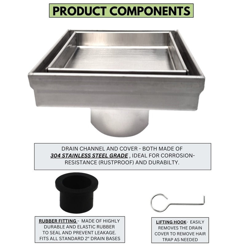 SereneDrains Square Shower Drain Tile Insert Brushed Stainless 4