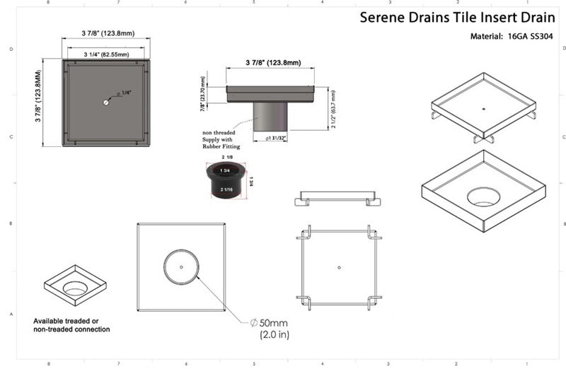 SereneDrains Square Shower Drain Tile Insert Brushed Stainless 4