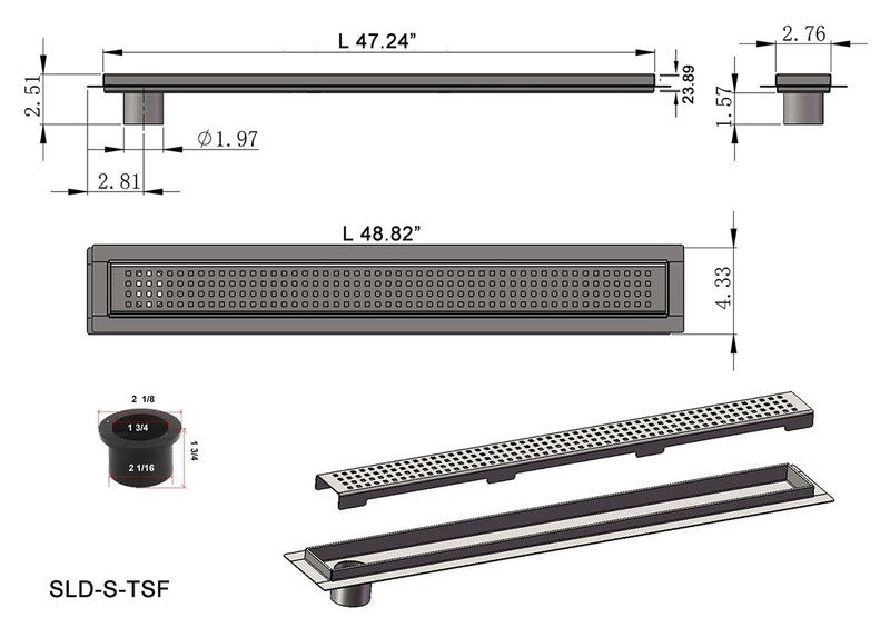 SereneDrains Linear Shower Drain Offset Outlet Square - Brushed 47