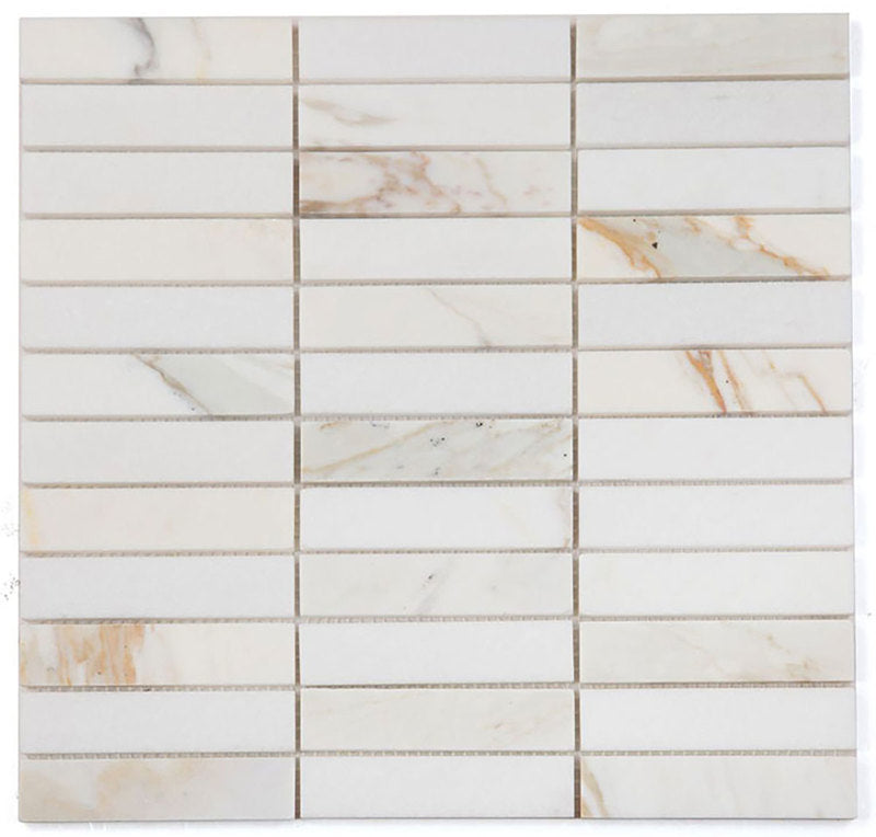 Mosaic Calacatta Marble Stacked Linear Pattern - White Gold