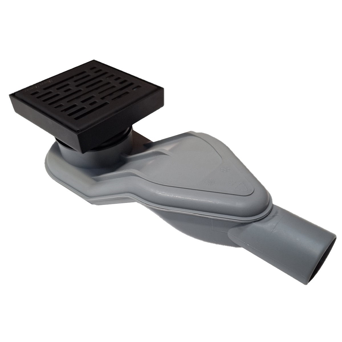 SereneDrains Wow Drain TM Side Discharge Outlet with 4 Inch Square Shower Drain Horizontal Low Profile