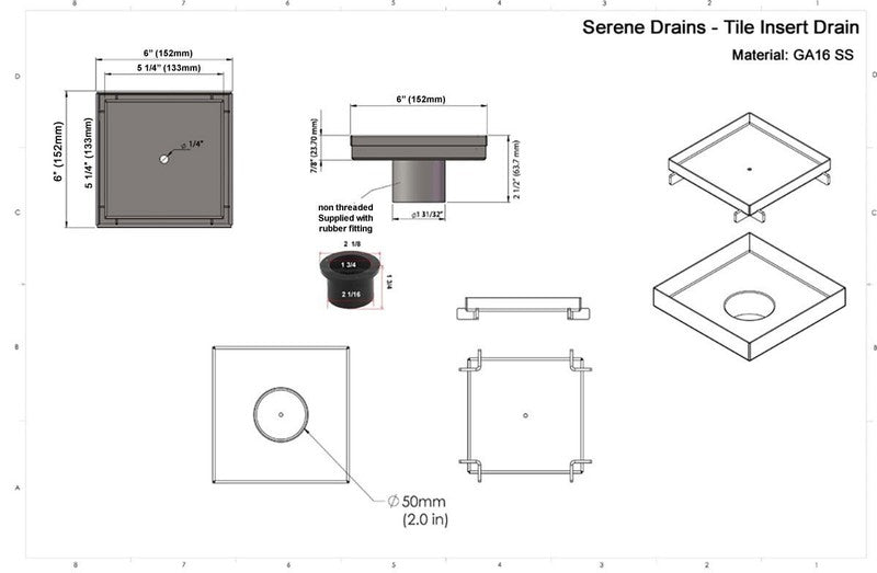 SereneDrains Square Shower Drain Tile Insert Brushed Stainless 6