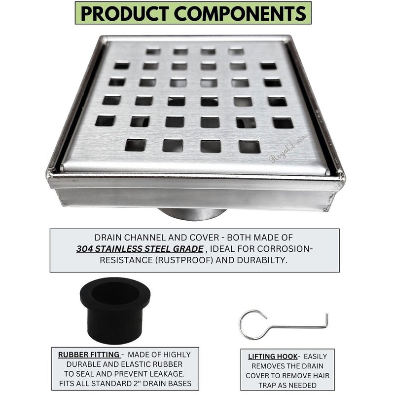 SereneDrains Square Shower Drain Traditional Square 4 Brushed