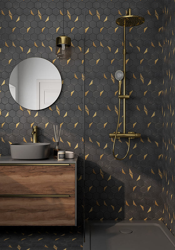 Mosaic Hexagon Nero Marquina Marble with Metal - Black Gold