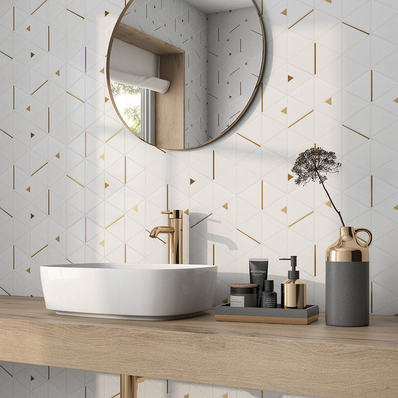 Mosaic Thasssos White Marble with Triangle Metal - White Gold
