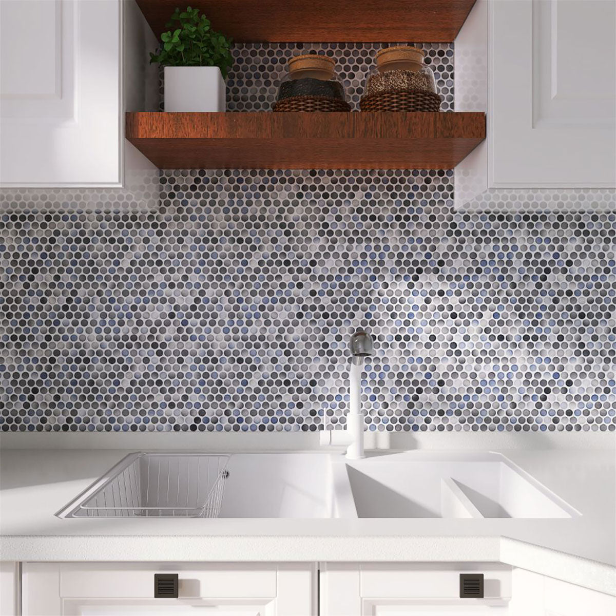 Mosaic Handmade Porcelain Penny Round - Blue Grey Glossy