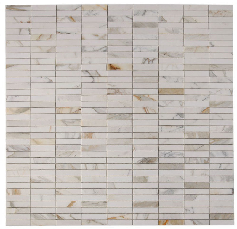 Mosaic Calacatta Marble Stacked Linear Pattern - White Gold